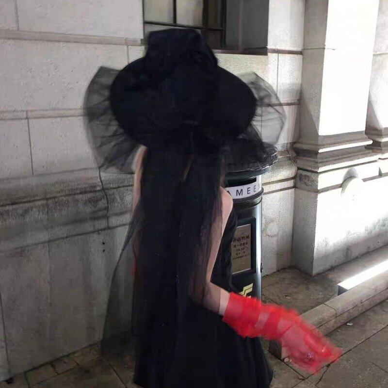万圣节主角蝴蝶结飘带女巫帽漂亮女巫氛围感头饰cos装饰帽黑网纱