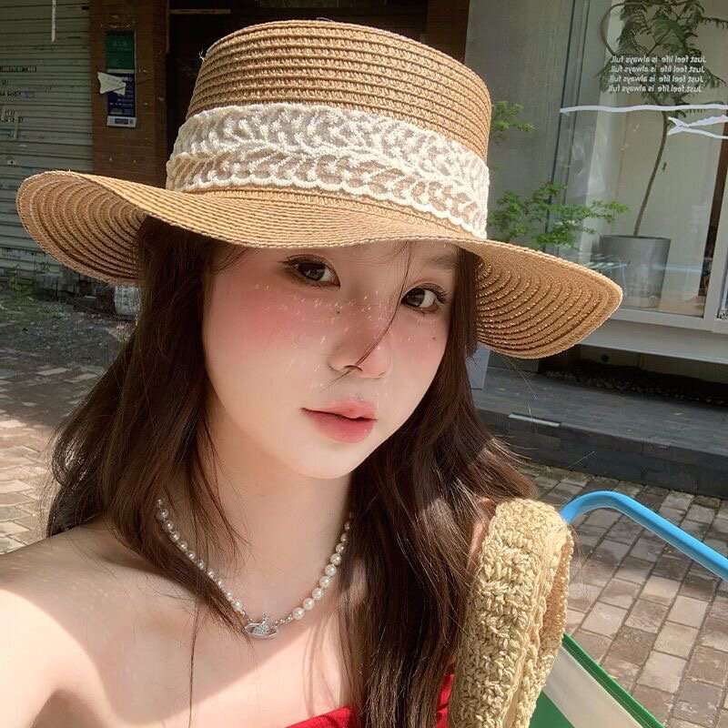 法式蝴蝶结平顶草帽女款夏泰国海南新款海边度假遮阳防晒太阳帽子