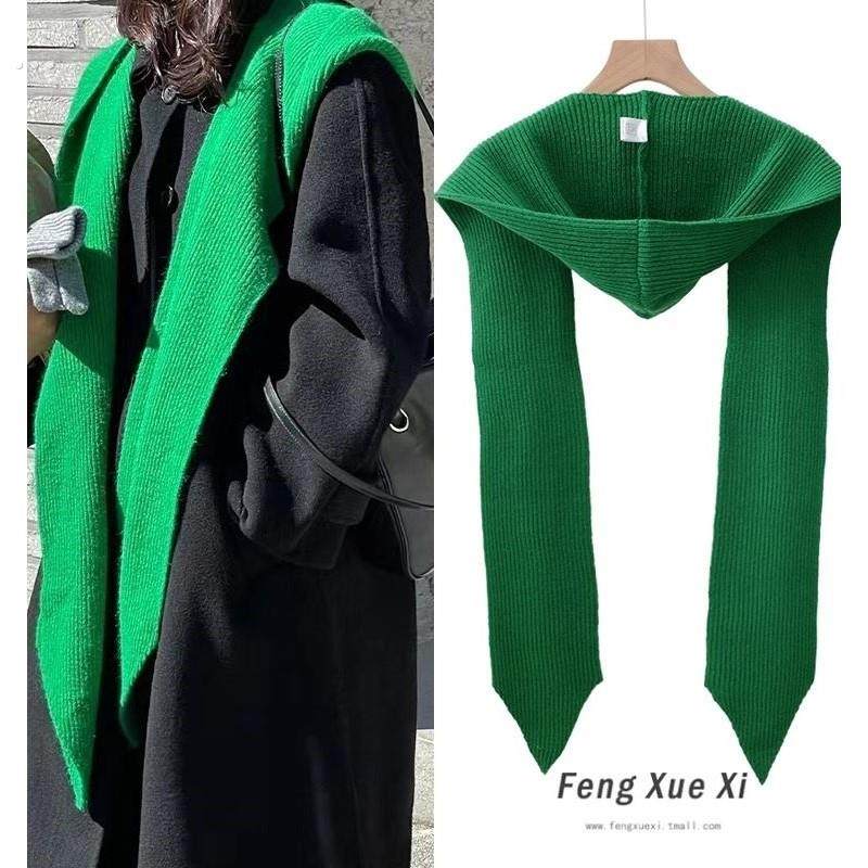 绿色秋冬季连帽披肩女毛线针织围巾帽子一体保暖洋气装饰打结假领
