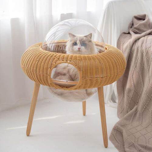 四季通用草编猫吊篮透明太空舱飞碟藤编猫窝手工编织宠物猫咪用品