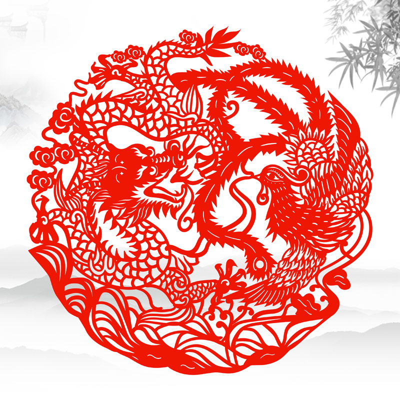 龙凤剪纸窗花双面红色不干胶凤凰贴画生肖龙贴纸植绒