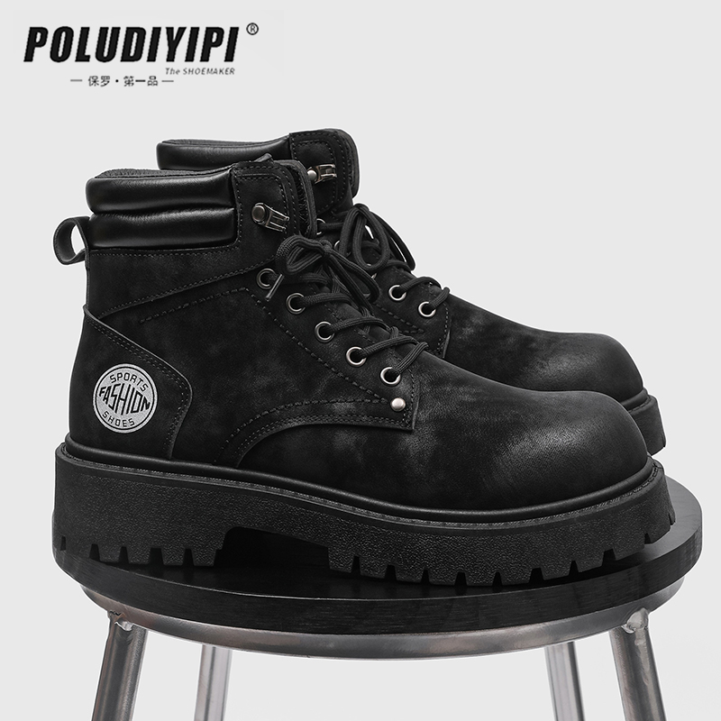时尚潮男鞋工装风休闲马丁靴男高帮系带厚底户外靴黑色工装鞋男