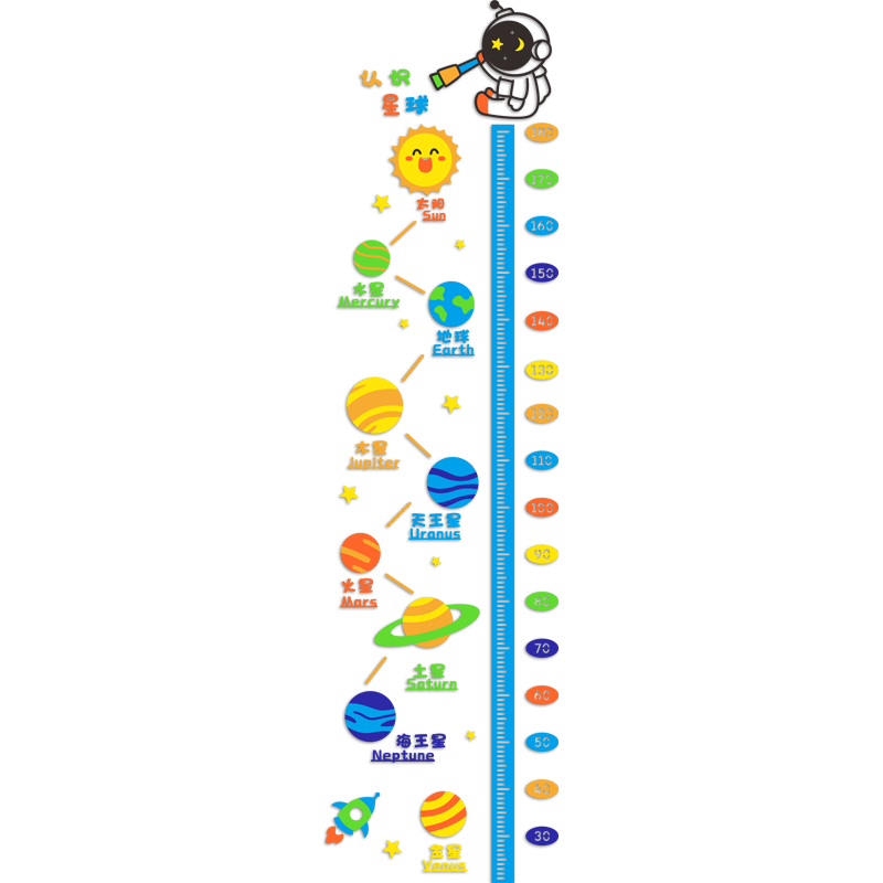 宝宝身高测量墙贴儿童房间布置卧室装饰卡通太空星球亚克力3d立体