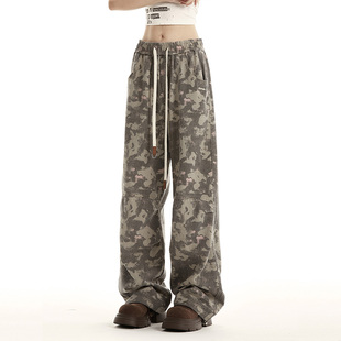 RESUMM迷彩工装裤女潮牌美式复古阔腿裤子街头嘻哈跳舞直筒休闲裤