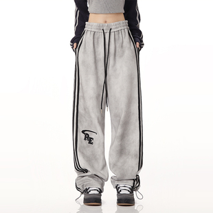 街舞爵士舞休闲裤 RESUMM脏脏灰条纹卫裤 运动裤 复古高街夏季 女美式