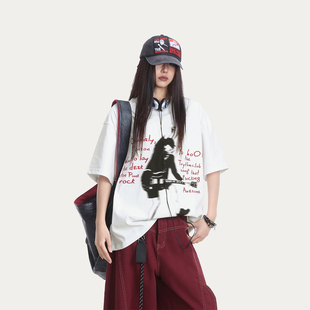 RESUMM潮牌美式吉他手人影印花短袖T恤女宽松设计感百搭休闲上衣