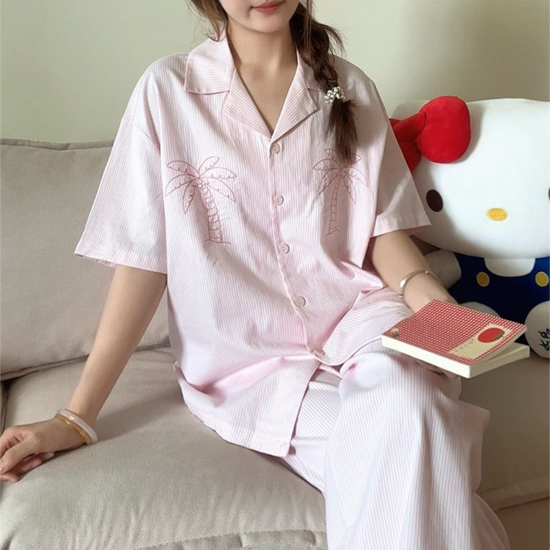 OCE粉条椰子树家居服短袖长裤韩系少女纯棉宽松休闲居家睡衣套装