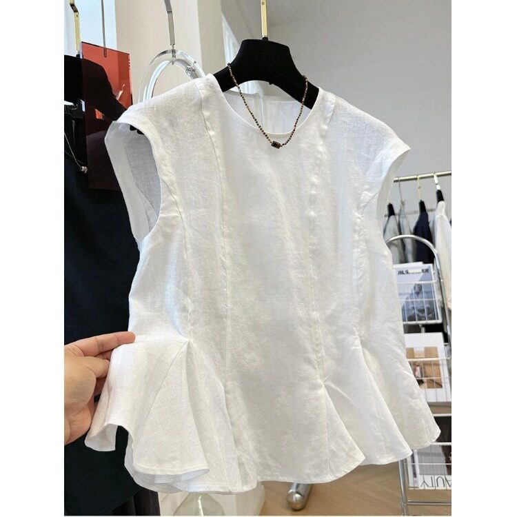 韩系洋气小裙摆圆领无袖小衫女夏季高端亚麻坎肩外穿马甲背心上衣