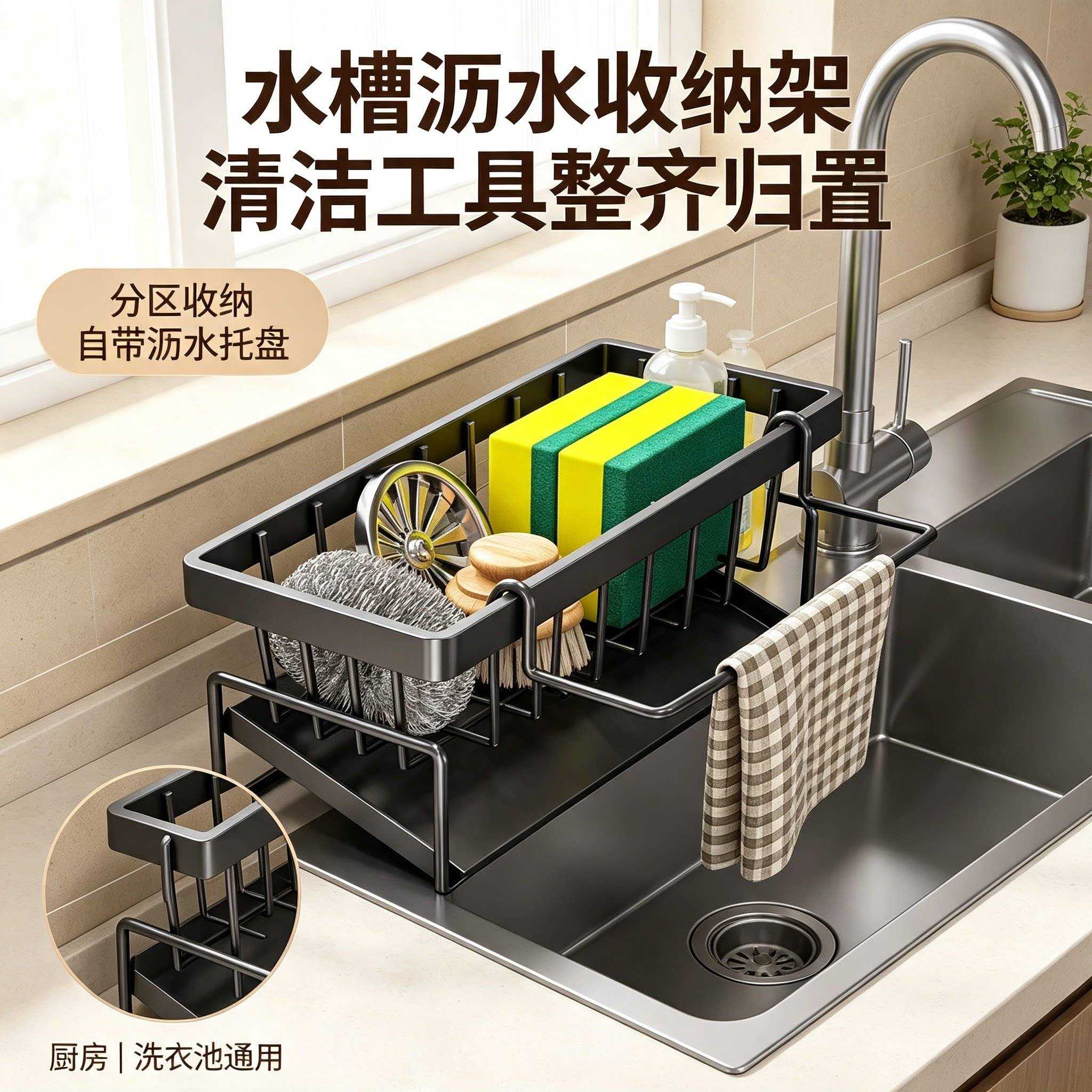 厨房置物架抹布收纳沥水架家用调料架子水池水龙头水槽挂物台面