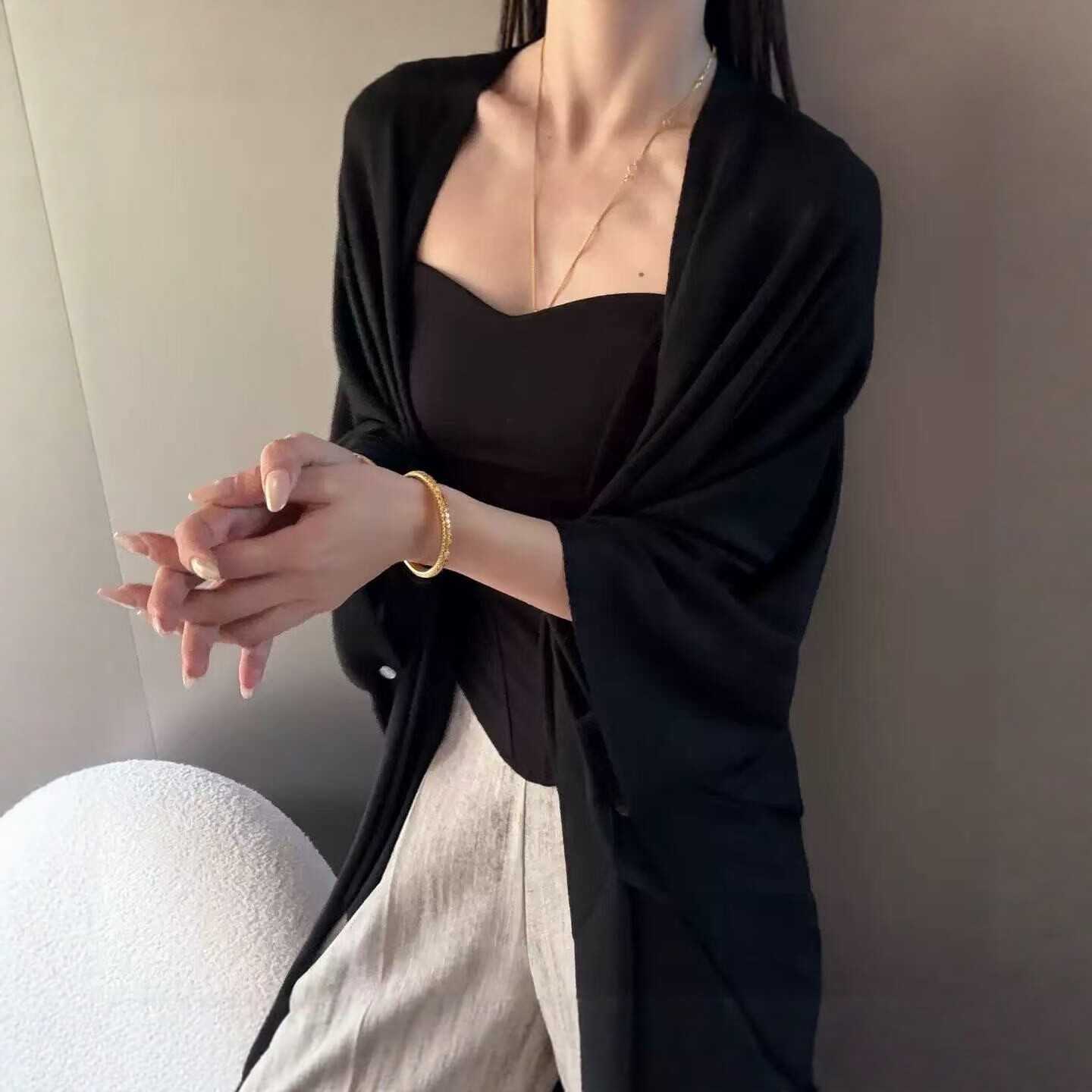 防晒披肩女外搭配裙子旗袍夏季空调房办公室薄款开衫带扣斗篷坎肩