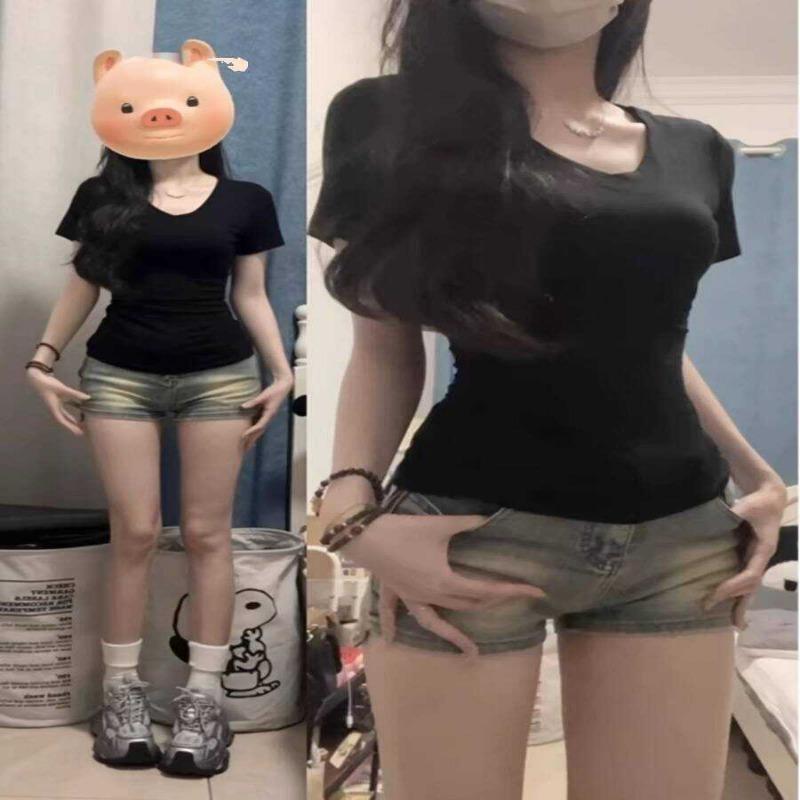 纯欲黑色V领正肩短袖t恤女夏季设计感小众甜辣妹收腰紧身短款上衣