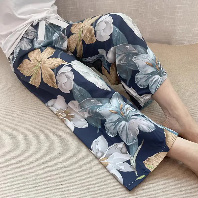 夏季新款棉绸睡裤女士薄款大码阔腿九分裤人造绵可外穿碎花长裤子