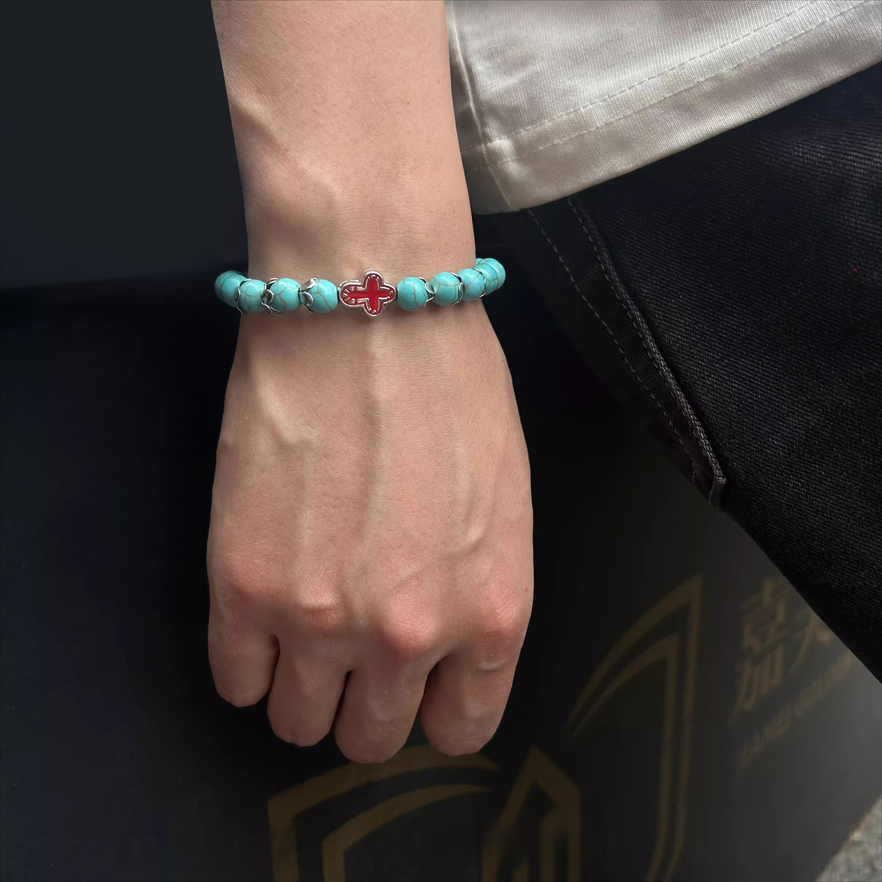 绿松石十字架手串男款小众设计感高级感手链女款简约百搭手饰男