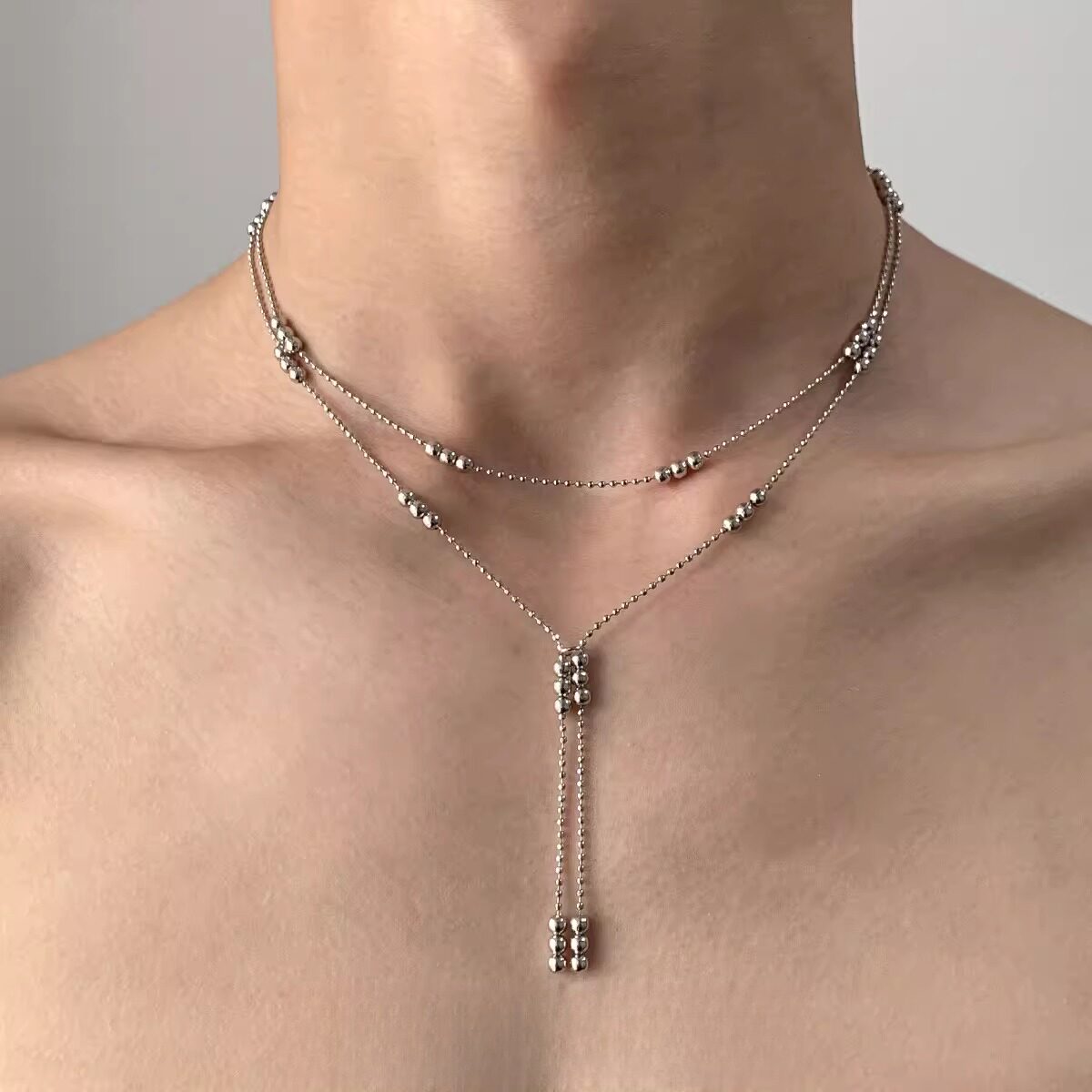 小众设计金属圆珠项链个性欧美长款双层叠戴毛衣链女款简约锁骨链