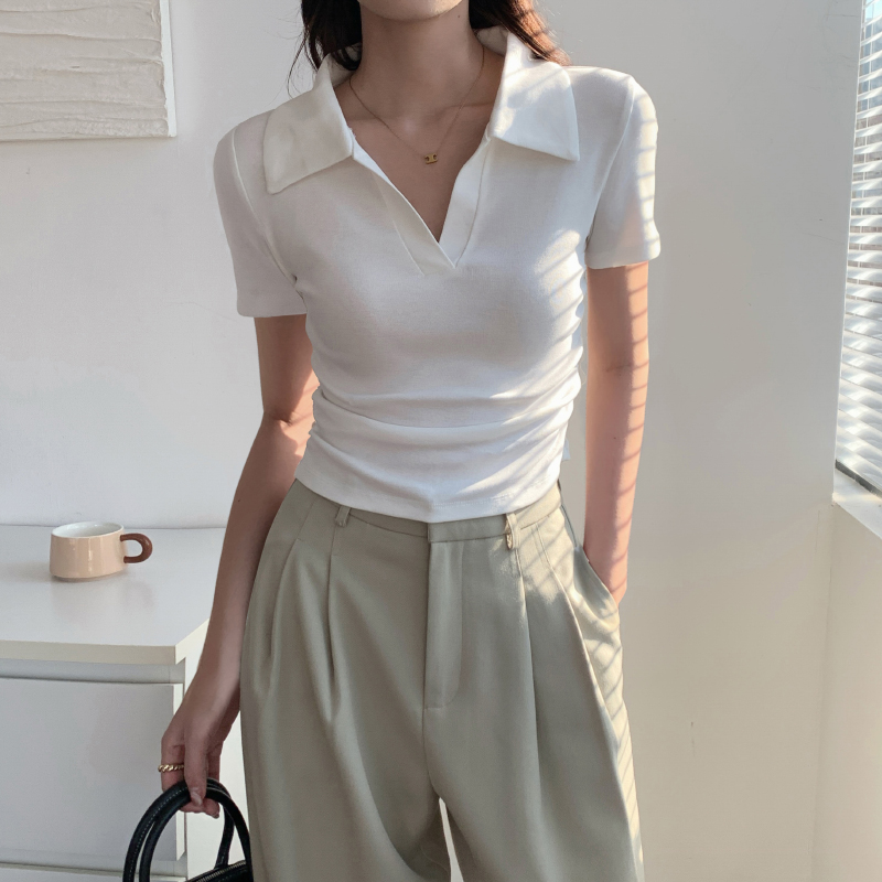 白色polo衫领短袖t恤女夏 2025新款高腰辣妹紧身翻领收腰短款上衣