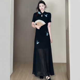 旗袍裙夏季 大码 改良版 女装 微胖mm显瘦掐腰连衣裙 蝴蝶结刺绣新中式