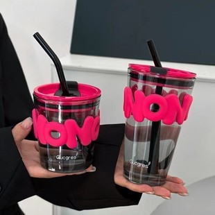 耐高温ins高级感创意高颜值果汁冷饮大容量水杯 吸管玻璃杯女夏季