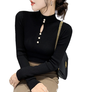 半高领加绒加厚针织衫女长袖秋冬新款设计感镂空钉珠修身内搭毛衣