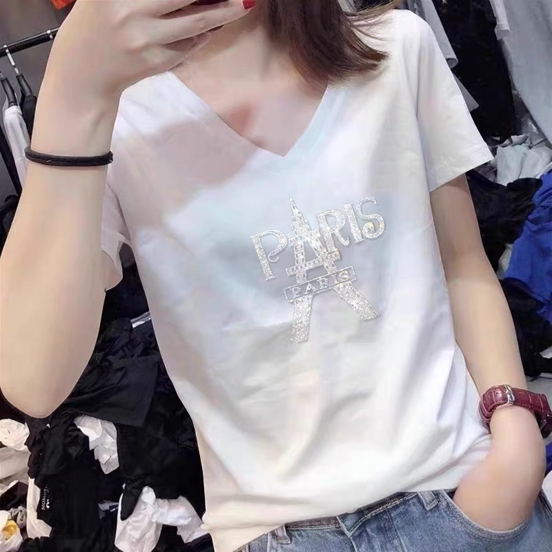 欧洲站2025年夏季新款烫钻V领短袖t恤女纯棉洋气修身显瘦百搭上衣