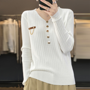 欧货2023秋冬新款纽扣针织衫女时尚宽松套头v领长袖爆款打底上衣