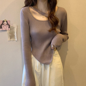 设计感小众不规则毛衣女长袖秋冬季新款修身内搭打底针织衫女上衣