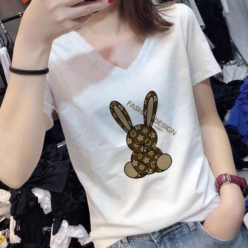 纯棉V领短袖T恤女2026年夏季新款潮牌印花白色t恤女大码半袖上衣