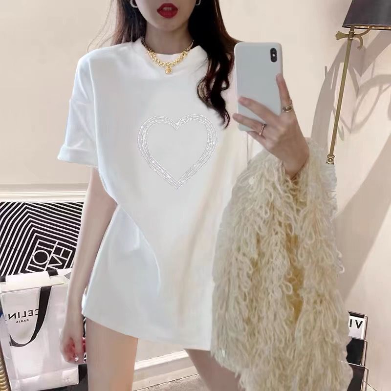 白色T恤女中长款韩版宽松大码慵懒风2025夏季新款烫钻短袖上衣ins