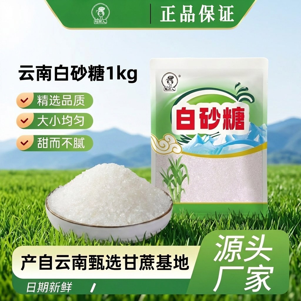 云南精制白砂糖2斤纯甘蔗白糖袋装烘培原料白砂糖家用食用细砂糖