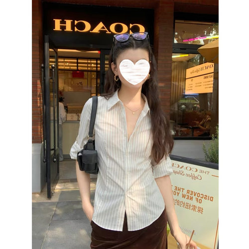 pusmuede 智性漫游 盐系条纹翻领衬衫女长袖衬衣气质修身叠穿上衣