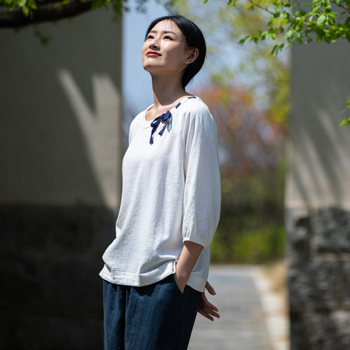 2026夏季棉麻女装文艺复古圆领撞色减龄百搭亚麻短袖上衣女t恤