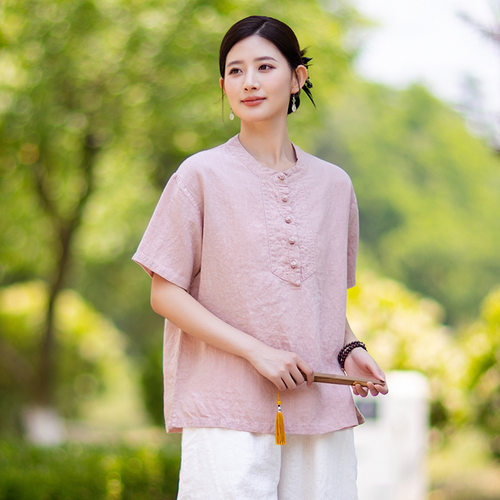 2026复古新中式盘扣短袖衬衫女夏季薄款棉麻国风茶服上衣宽松T恤
