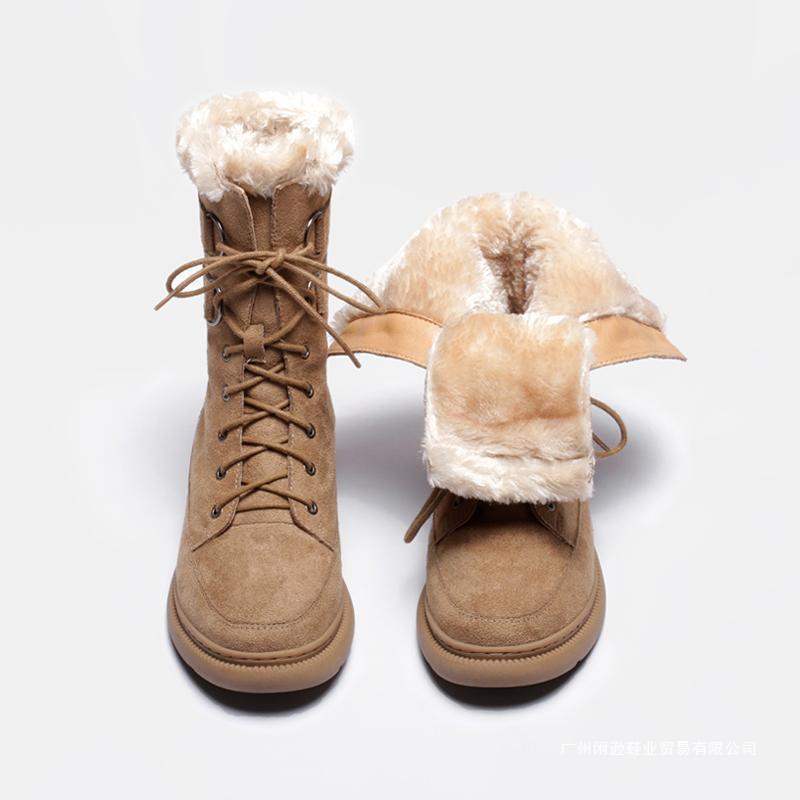 小香风雪地靴女冬加绒四季中筒保暖棉鞋百搭系带防滑厚底马丁靴子