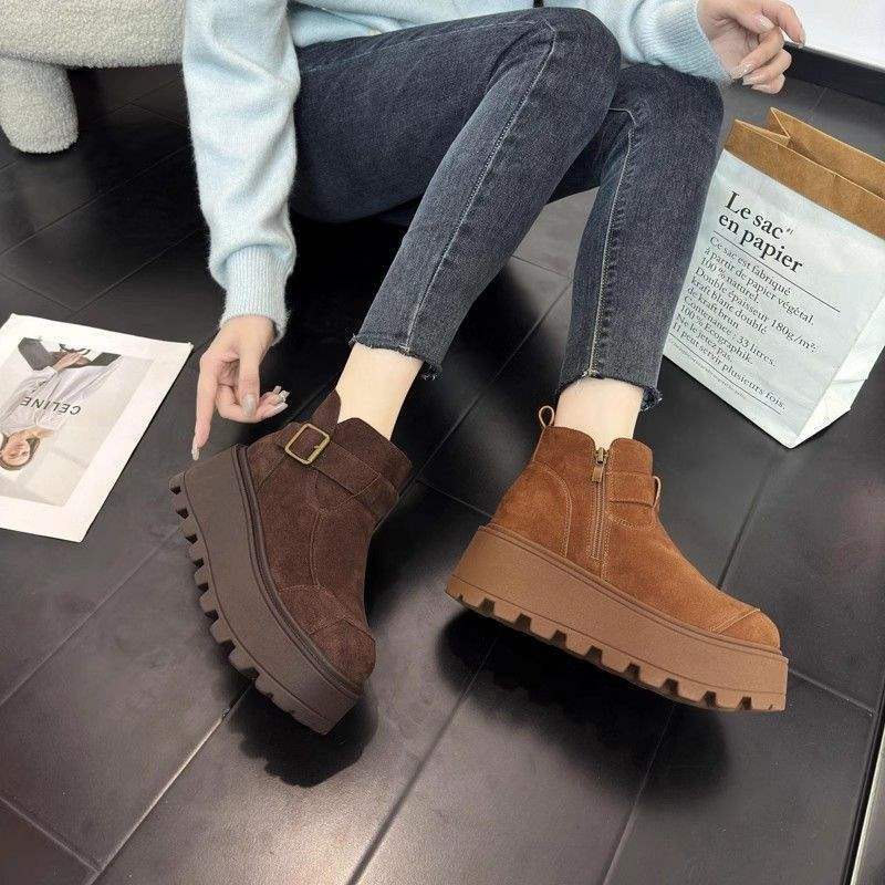 厚底磨砂靴女小个子短靴增高加绒松糕棉鞋2025棉靴雪地靴