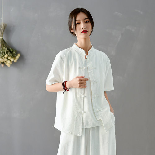2026夏新品棉麻中式国风复古棉麻衬衫上衣女式外套晨练太极服