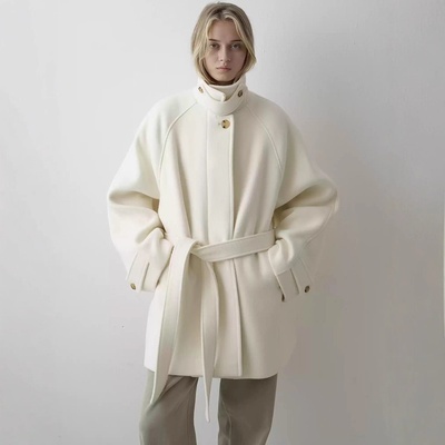 韩国东大门宽松绑带羊毛立领外套