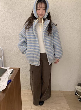 EMPTY现H25秋冬韩系宽松甜美碎花条纹羊羔绒可拆卸毛领上衣外套女