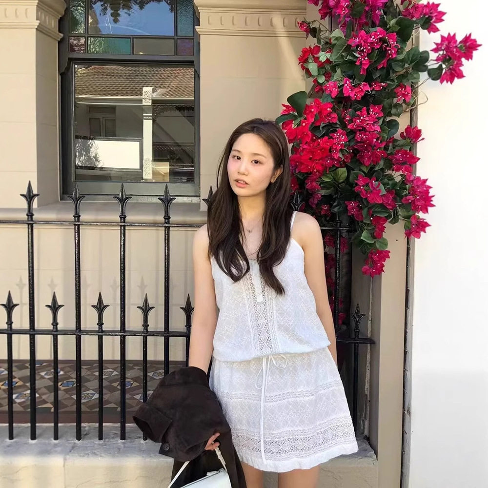 ounce现H26夏款韩国东大门白色镂空收腰细带蕾丝花边吊带连衣裙女