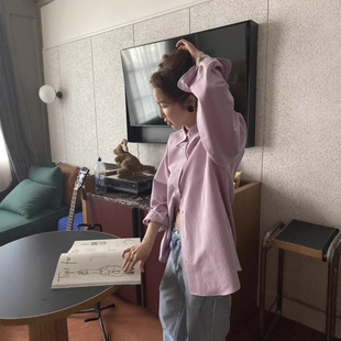 maybebaby现H25夏韩国东大门纯色宽松休闲慵懒风翻领防晒长袖衬衫