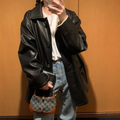 纯色百搭中长款皮衣外套bymood韩