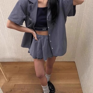 GROVE现H25夏款韩国东大门宽松休闲百搭显瘦复古格纹翻领短袖衬衫