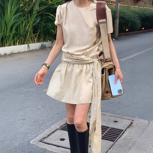 maybebaby现H25夏款韩国东大门纯色法式绑带收腰短袖连衣裙女短裙