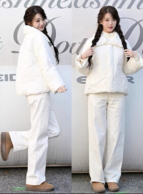 eider现H25冬款张元英同款韩版白色宽松保暖羽绒服休闲直筒裤套装