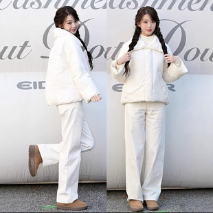 eider现H25冬款张元英同款韩版白色宽松保暖羽绒服休闲直筒裤套装
