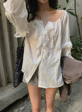 maybebaby现H25夏款韩国东大门白色蕾丝花边甜美文艺长袖上衣衬衫