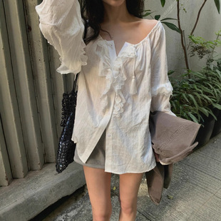 maybebaby现H25夏款韩国东大门白色蕾丝花边甜美文艺长袖上衣衬衫