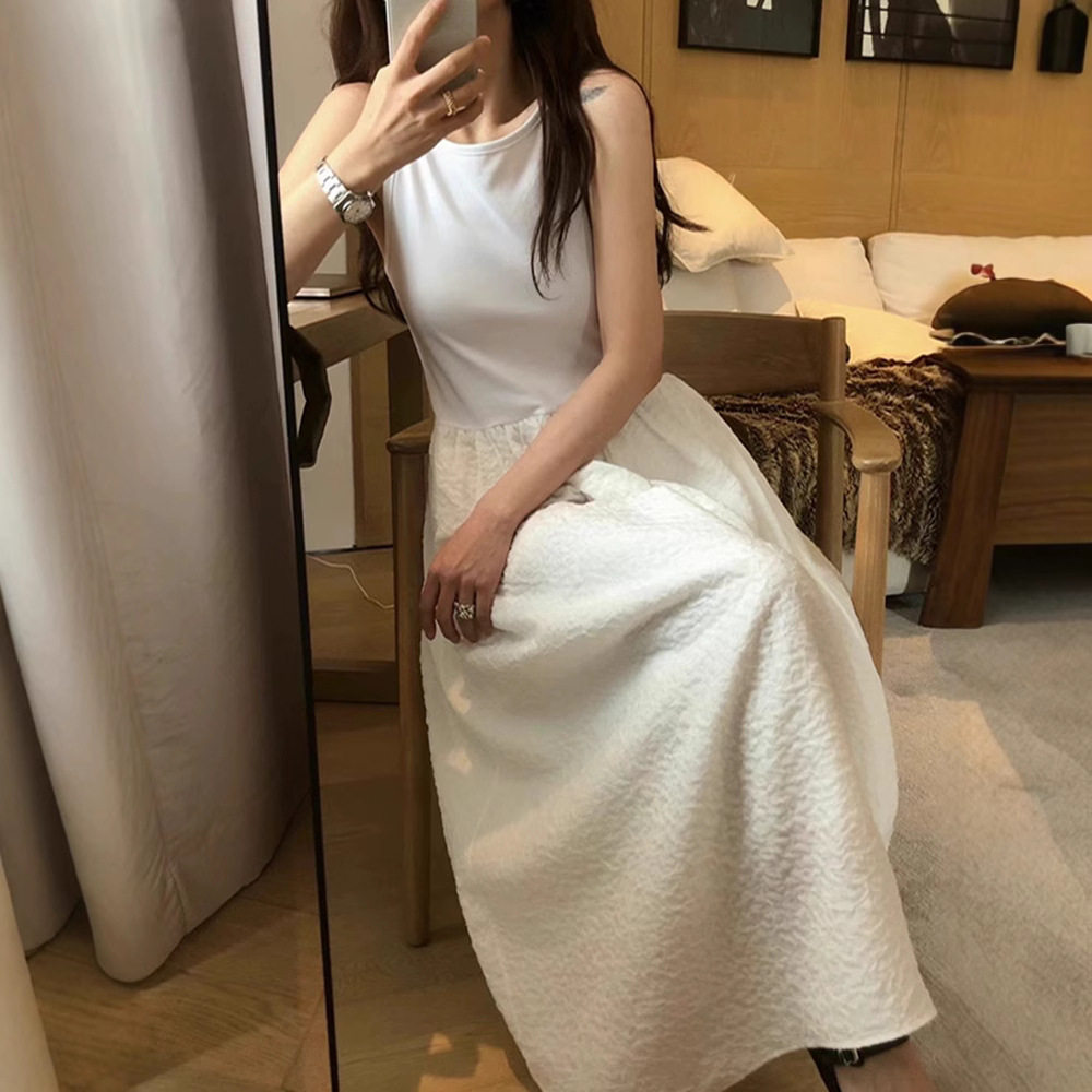 OBJET现H25夏款韩国东大门纯色气质无袖套头收腰显瘦拼接连衣裙女