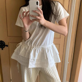 bymood现H25夏款 韩国东大门白色花边收腰百搭T恤女设计感短袖 上衣