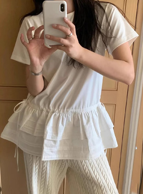 bymood现H25夏款韩国东大门白色花边收腰百搭T恤女设计感短袖上衣