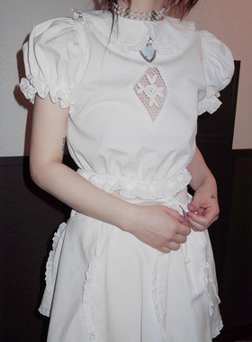 freckle现H25夏韩国东大门白色娃娃领泡泡袖露脐上衣蓬蓬裙两件套