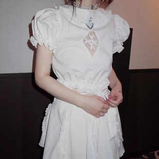 freckle现H25夏韩国东大门白色娃娃领泡泡袖露脐上衣蓬蓬裙两件套